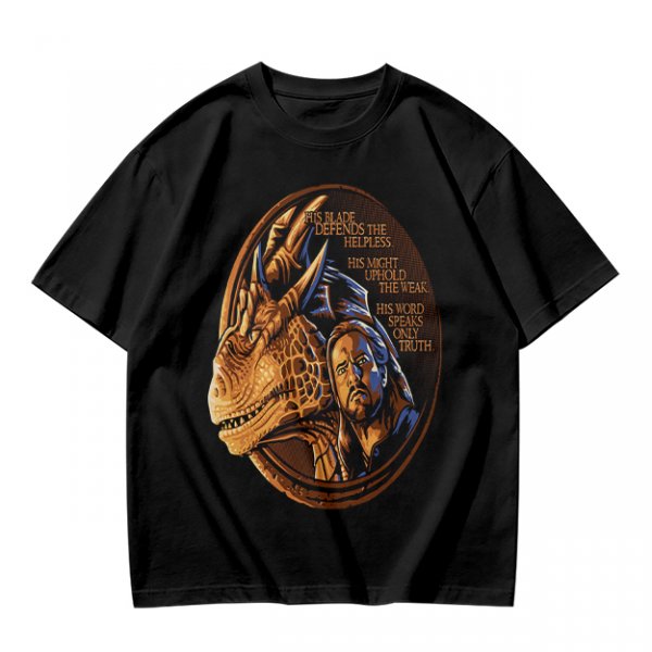 Olive T-Shirt With Dragon And Warrior Fantasy Art Print