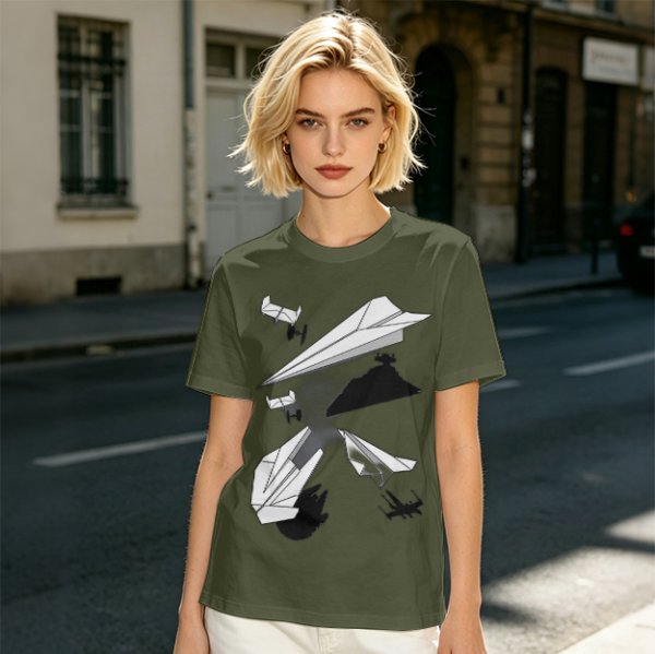 Olive T-Shirt with Paper Airplane Star Wars Inspired Print