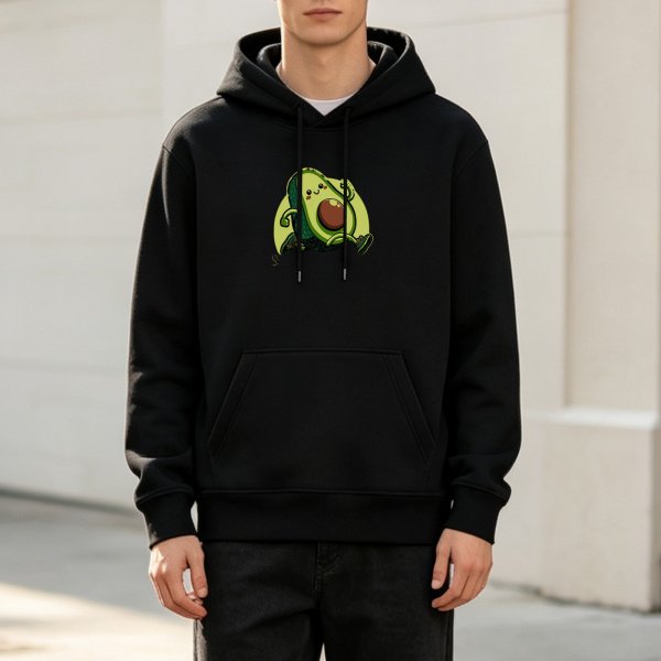Black Hoodie With Cute Running Avocado Graphic Print