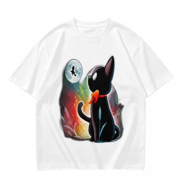 Olive T-shirt with black cat watching moon witch silhouette print