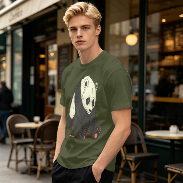Olive T-shirt with Sad Sitting Panda Graphic Print