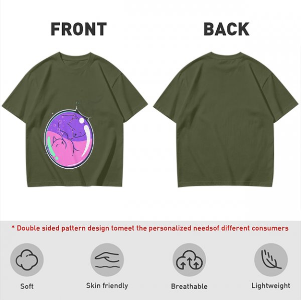 Olive T-shirt with Sleeping Cats in Colorful Bubble Graphic