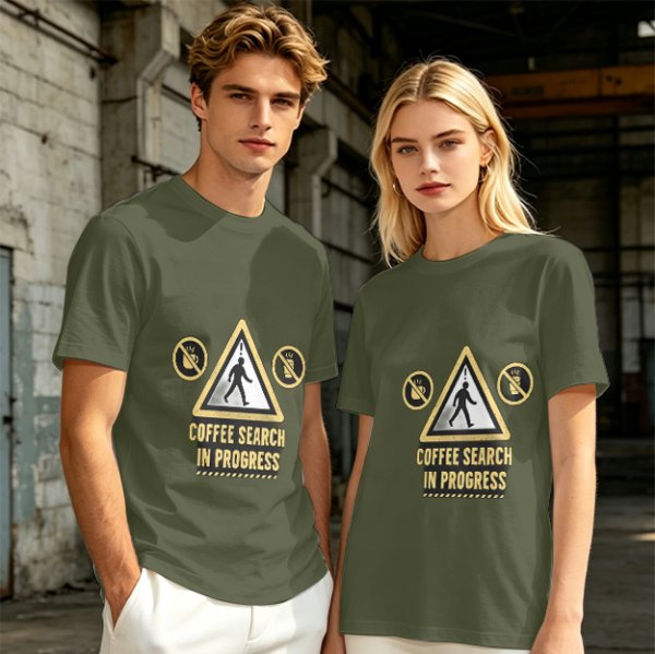 Olive T-Shirt With Coffee Search In Progress Warning Print
