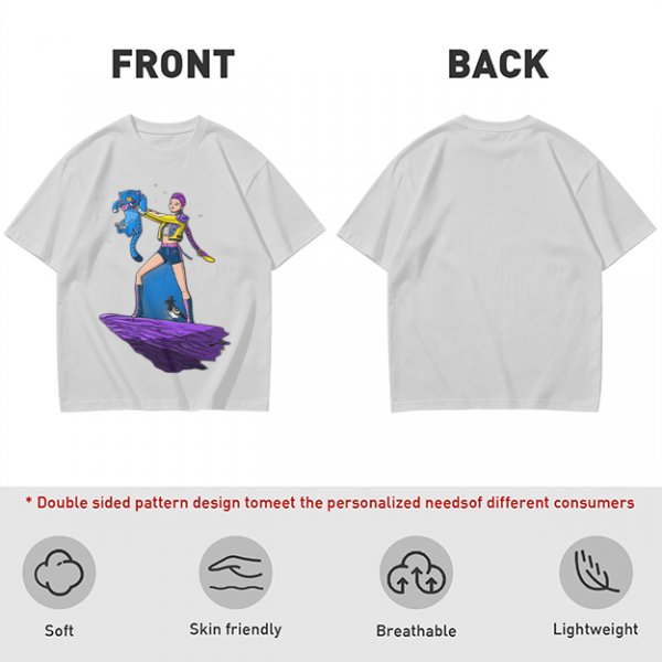 Olive T-shirt with Art Print of Girl Holding Blue Creature on Floating Rock