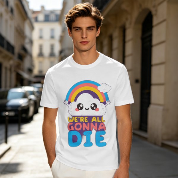 Olive T-Shirt With Cute Cloud Rainbow Graphic And 'We're All Gonna Die' Text