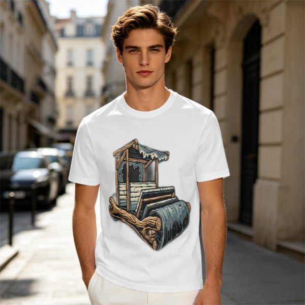 Olive T-Shirt With Rustic Wooden Cart Print