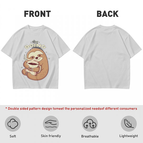 Olive green sloth t-shirt with 'Busy Doing' coffee graphic