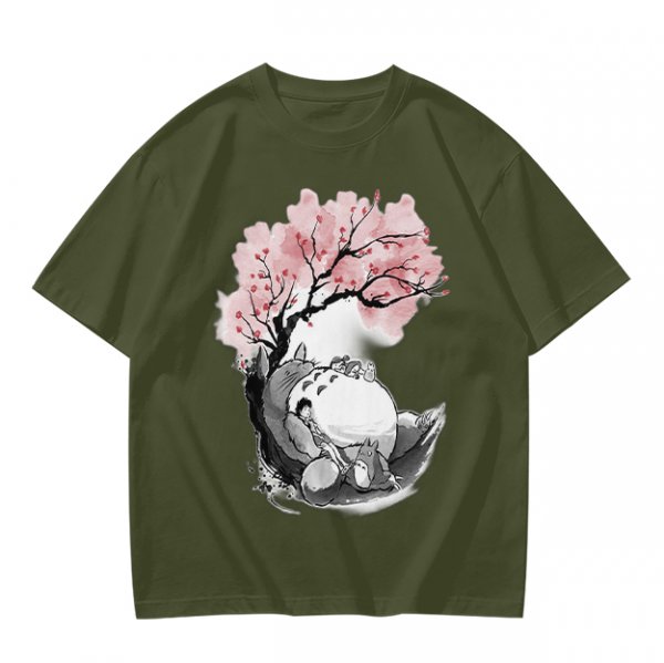Olive T-shirt with Totoro and Cherry Blossom Tree Art Print