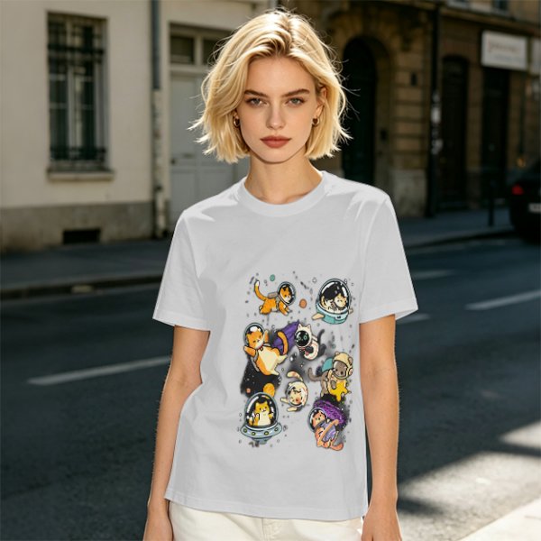 Olive T-Shirt With Playful Space Cats Graphic Print