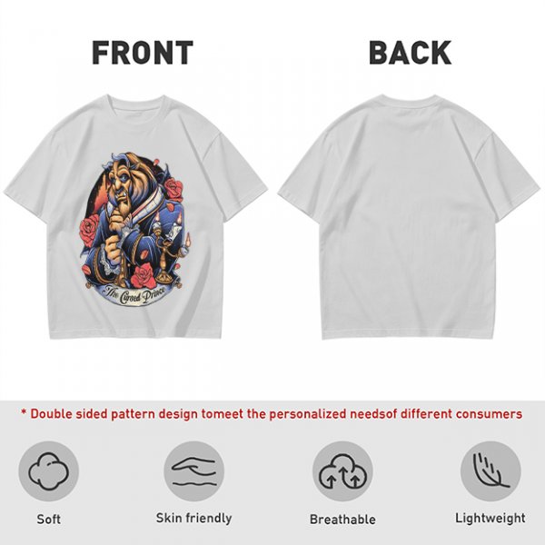 Olive T-shirt featuring The Cursed Prince Beast with roses and candelabra
