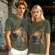 Olive T-shirt with giant cat bus monster and vintage planes graphic