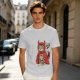 Olive T-shirt with a tabby cat in a devil hood and skull cat graphic