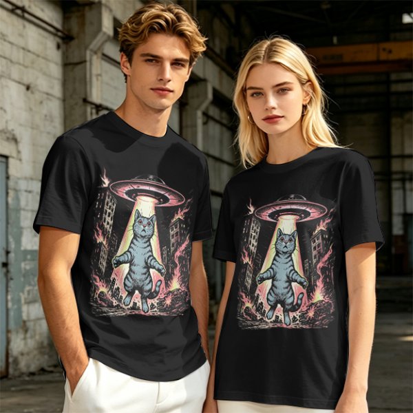 Olive T-Shirt with UFO Abducting Cat Over Burning City