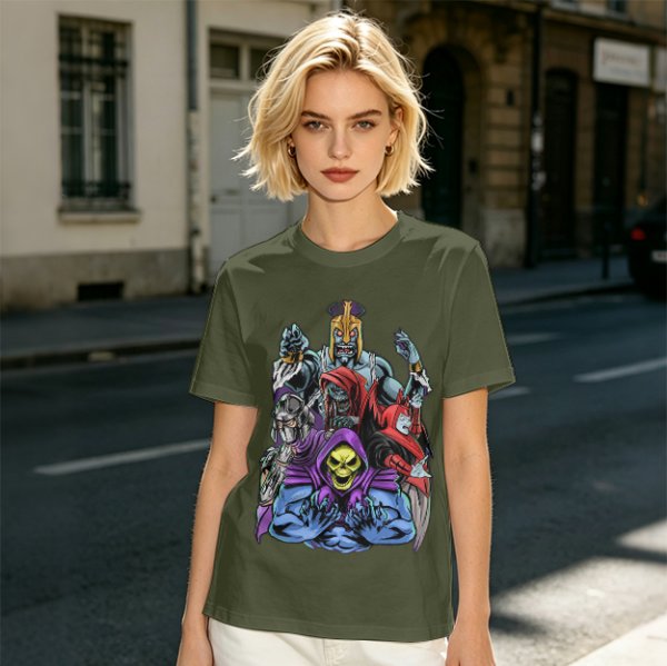 Olive T-shirt with Villainous Cartoon Character Group Print