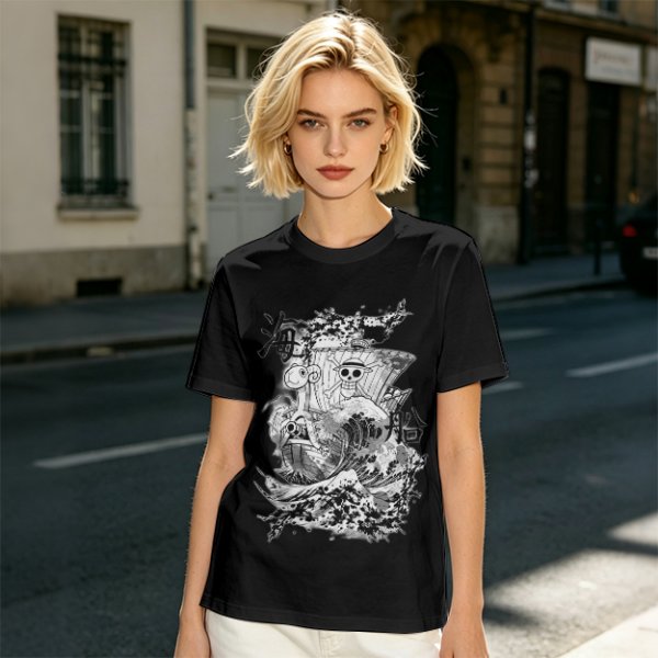 Olive T-shirt with One Piece Going Merry Ship Ink Art Print