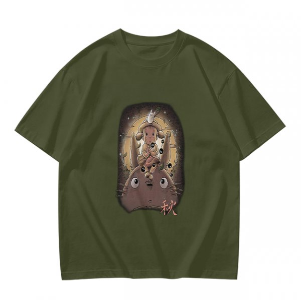 Olive T-Shirt With Totoro and Small Spirits Graphic Print