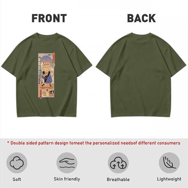 Olive T-Shirt with Japanese Style Sushi Chef Cat Print