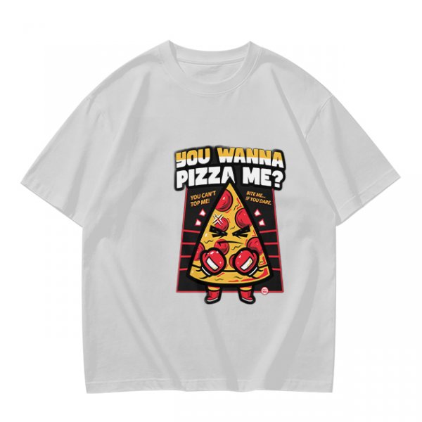 Olive t-shirt with angry boxing pizza slice graphic and 'You Wanna Pizza Me?' text