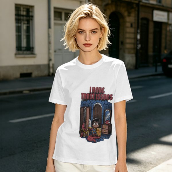 Olive t-shirt with 'I Have Trust Issues' chibi knight graphic