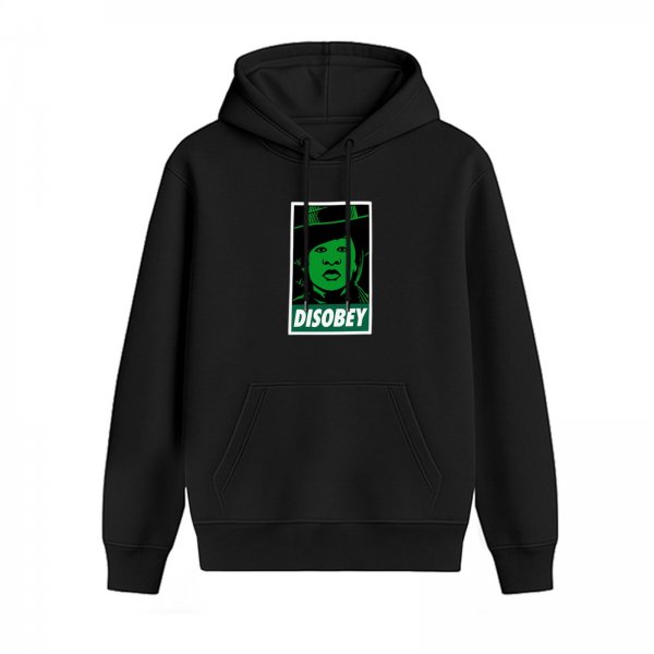 Black hoodie with green 'DISOBEY' portrait graphic print