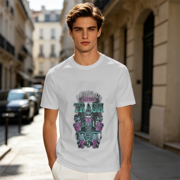 Olive graphic t-shirt with raccoons and 'Bring Us All The Trash' text