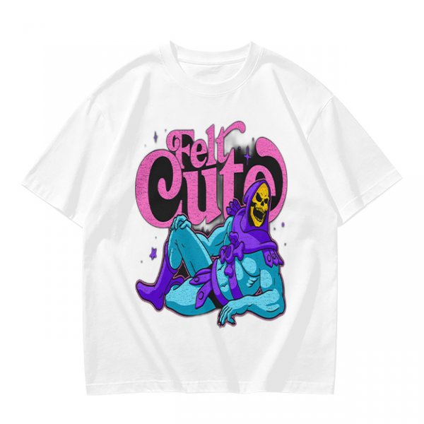 Olive t-shirt with 'Felt Cute' Skeletor graphic print