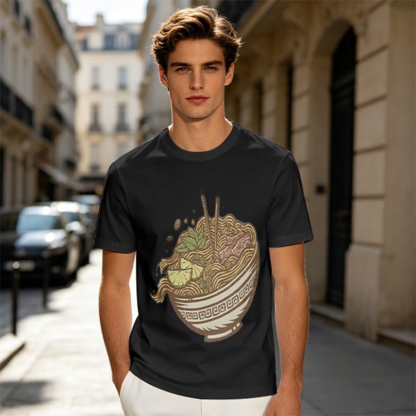 Olive Green T-Shirt With Illustrated Noodle Bowl Print