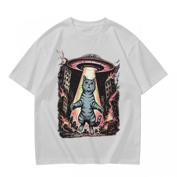 Olive T-Shirt with UFO Abducting Cat Over Burning City