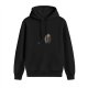 Black hoodie with cartoon chubby suited character graphic
