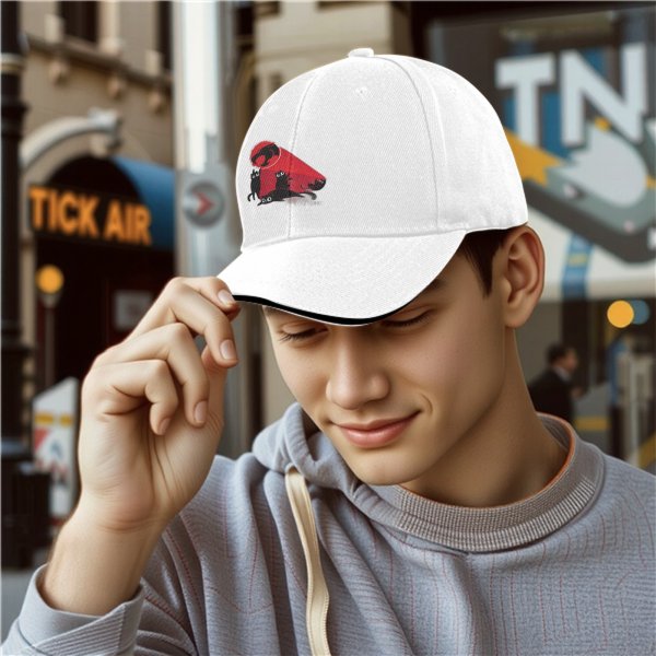 Black Baseball Cap With Playful Black Cat Red Thunder Cat Logo Print