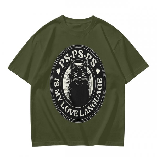 Olive cat graphic t-shirt with 'PS PS PS is my love language' print
