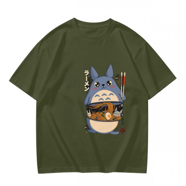 Olive T-shirt with Totoro ramen bowl graphic print