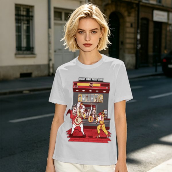 Olive T-shirt with Fast Food Themed Street Fighter Style Fight Artwork