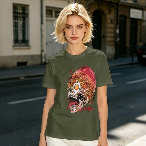 Olive T-Shirt With Ramen Skull Graphic Print