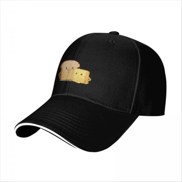 Black Baseball Cap With Cute Bread And Butter Cartoon Print