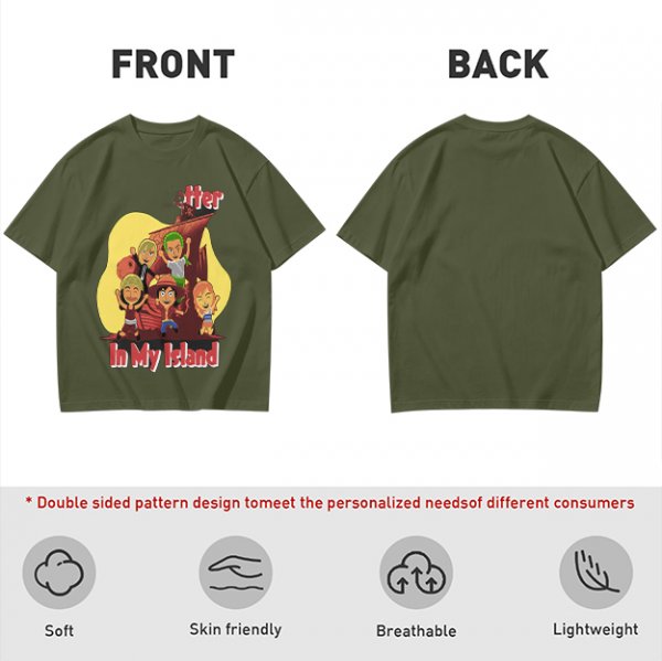 Olive T-Shirt With One Piece Anime Crew 'In My Island' Print