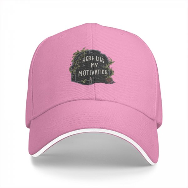 Black baseball cap with 'Here Lies My Motivation' tombstone graphic