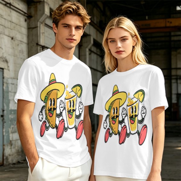 Olive T-Shirt with Cartoon Taco and Beer Graphic