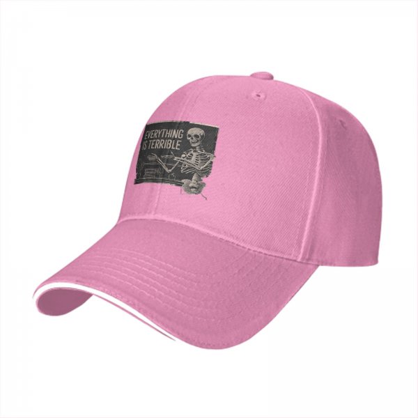 Black baseball cap with 'Everything is Terrible' skeleton graphic