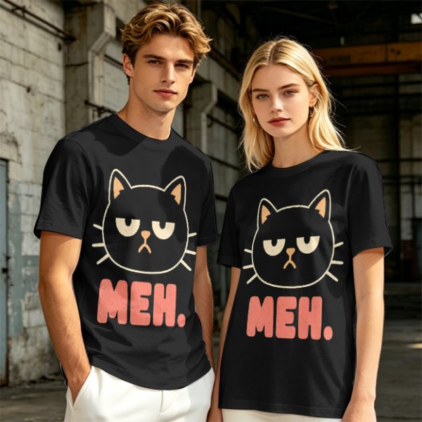 Olive T-Shirt With Grumpy Black Cat Meh Graphic Print