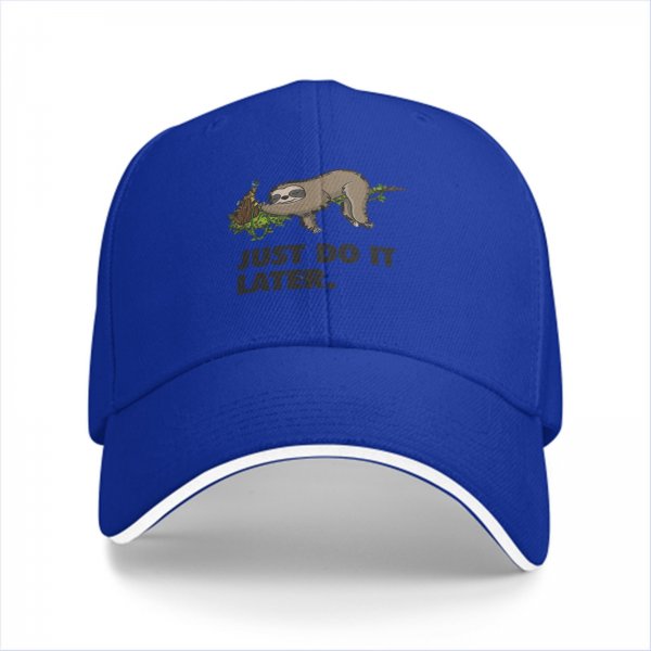 Black baseball cap with sloth graphic and 'Just Do It Later' text