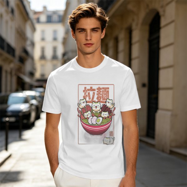 Olive T-Shirt With Cute Ramen Cat Bowl Graphic Print