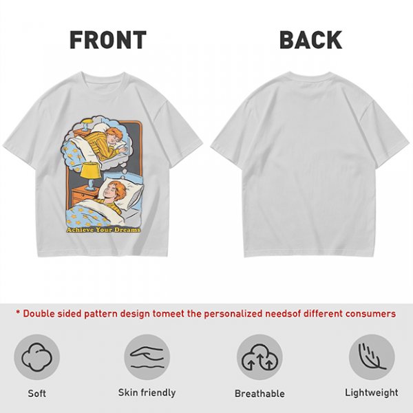 Olive graphic t-shirt with sleeping person and 'Achieve Your Dreams' text