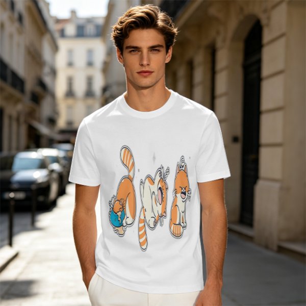 Olive T-Shirt With Playful Orange Cat Illustrations