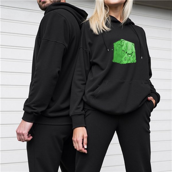 Black hoodie with cute green cube slime graphic