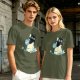 Olive T-Shirt With Black Cat Emerging From Wave Check Mark Print