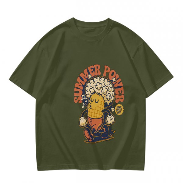 Olive T-Shirt with Retro Summer Power Corn Character Print