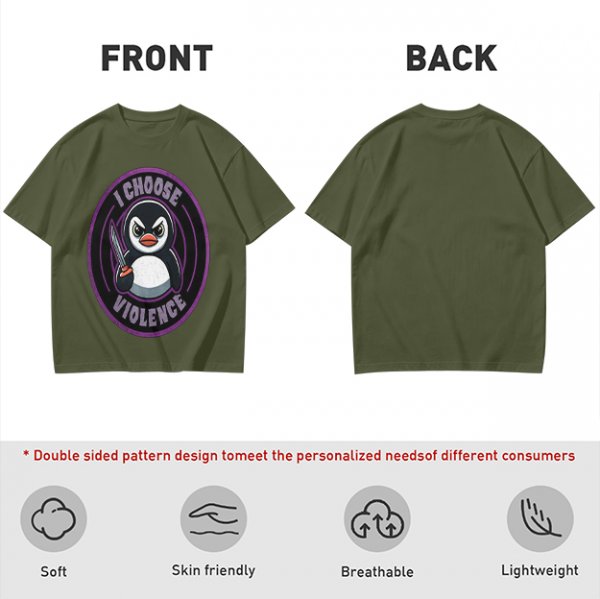 Olive t-shirt with angry penguin holding knife and I Choose Violence print