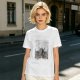 Olive green graphic t-shirt with symmetrical dark and orange artwork