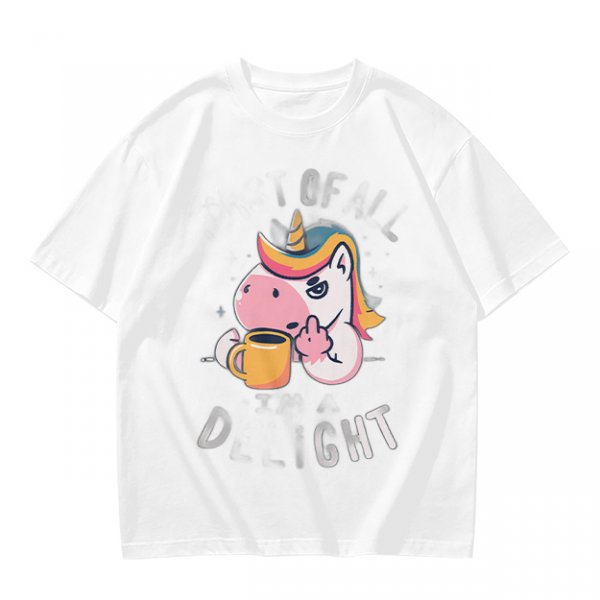 Oversized Olive T-Shirt With Sassy Unicorn Holding Coffee Print